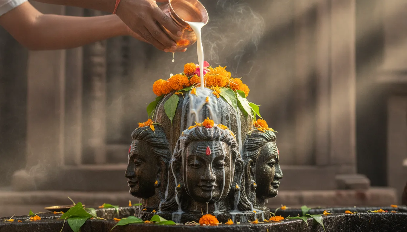 Sacred morning Abhishekam ritual of Pashupatinath Shivling with milk and water pouring over the stone faces.