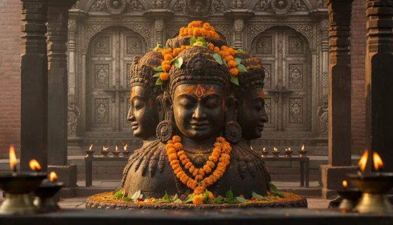 A detailed close up image of pashupatinath shivling nepal during the morning prayer with fresh flowers and milk offerings.