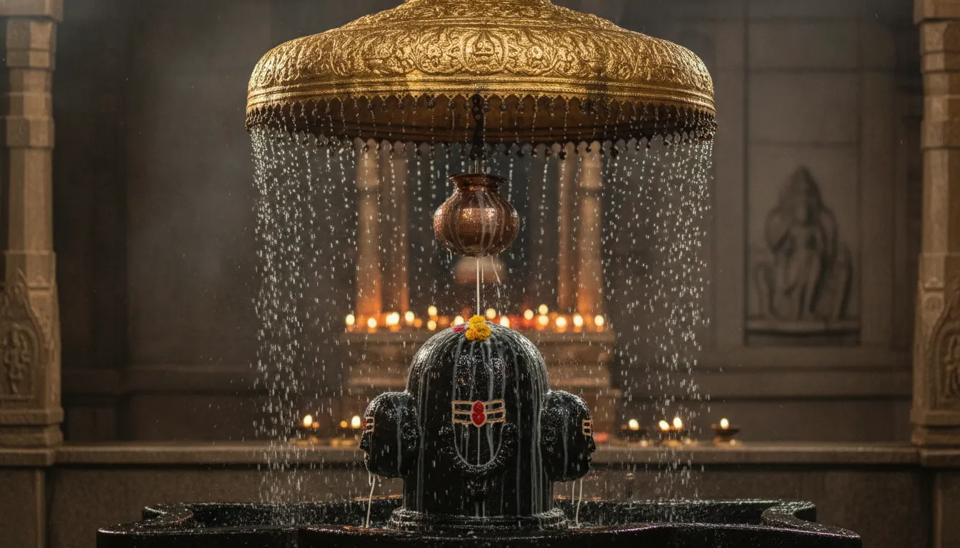 Ornate four faced shivling underneath a large golden chatra canopy in Kathmandu style