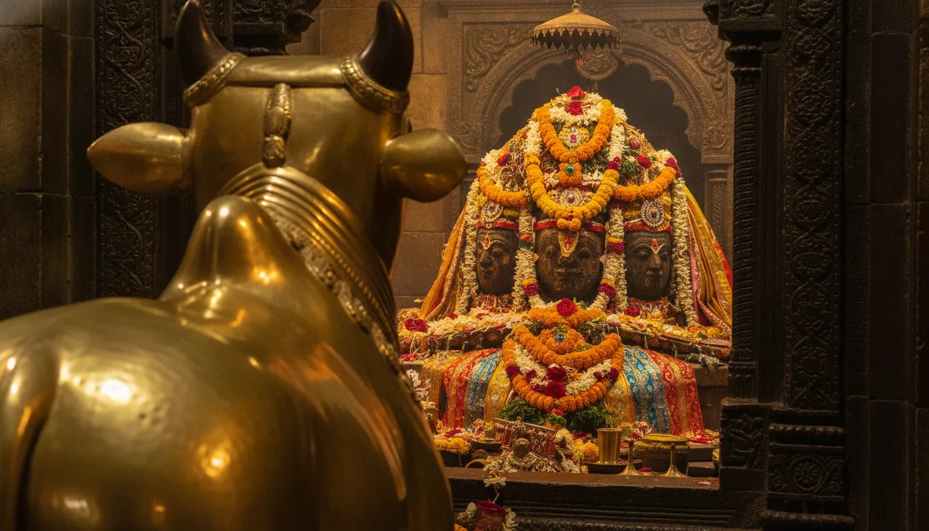 View of the four faced pashupatinath shivling taken from behind a large brass Nandi statue
