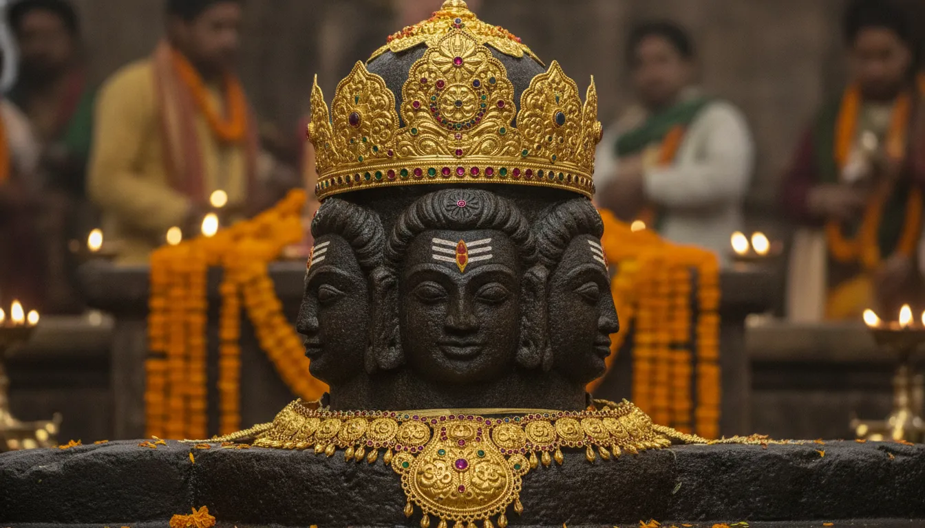 Ancient Pashupatinath Shivling adorned with a heavy, highly detailed golden crown and traditional jewelry.