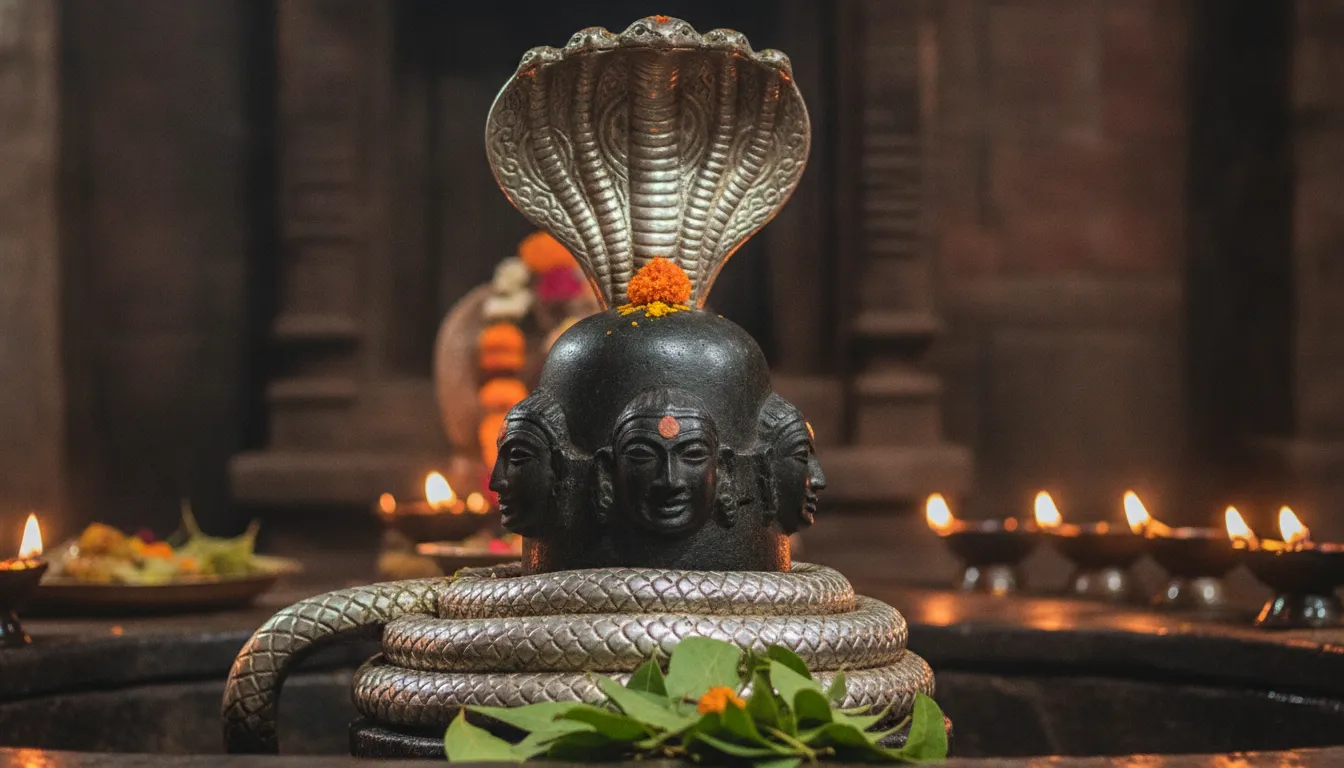 Dark stone Pashupatinath Shivling with a polished silver multi-hooded snake protecting the top.