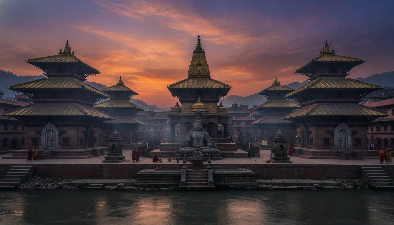 An expansive outdoor wide shot showing the temple architecture containing the holy image of pashupatinath shivling nepal next to Bagmati river.