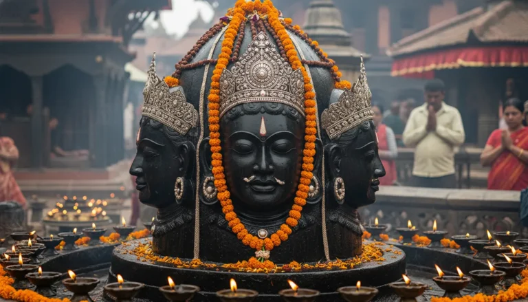 A detailed real image of the four-faced Shivling at Pashupatinath Temple in Nepal, showing intricate stone carvings of the deities.