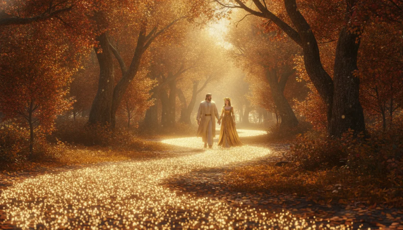 A winding forest path illuminated by golden light with a divine couple walking together hand in hand.