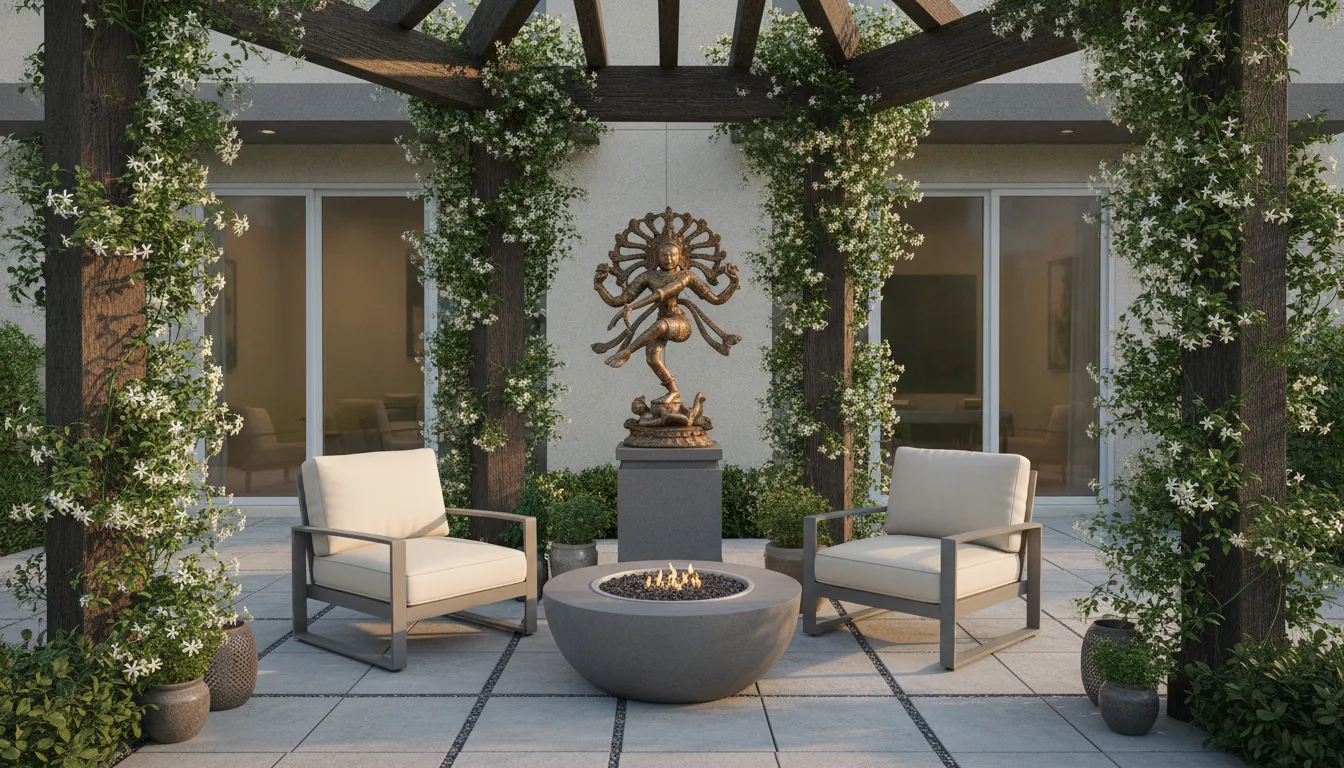 A medium-sized bronze Nataraja statue standing inside a wooden pergola structure on a paved outdoor patio.