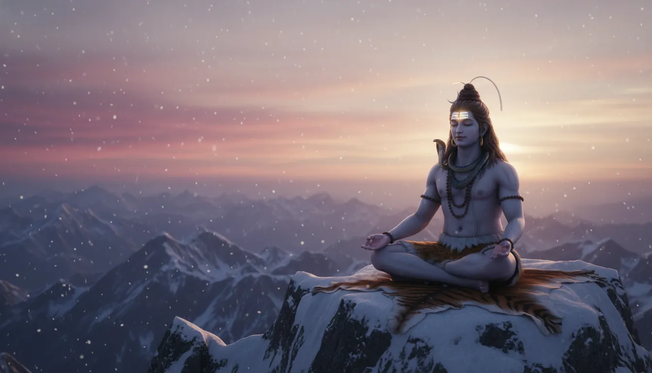 Lord Shiva as Adiyogi sitting peacefully on a mountain peak during a golden Himalayan sunset.