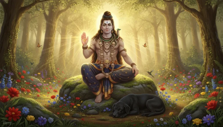 Lord Bhairava in a calm forest setting offering a blessing gesture with a black dog by his side.