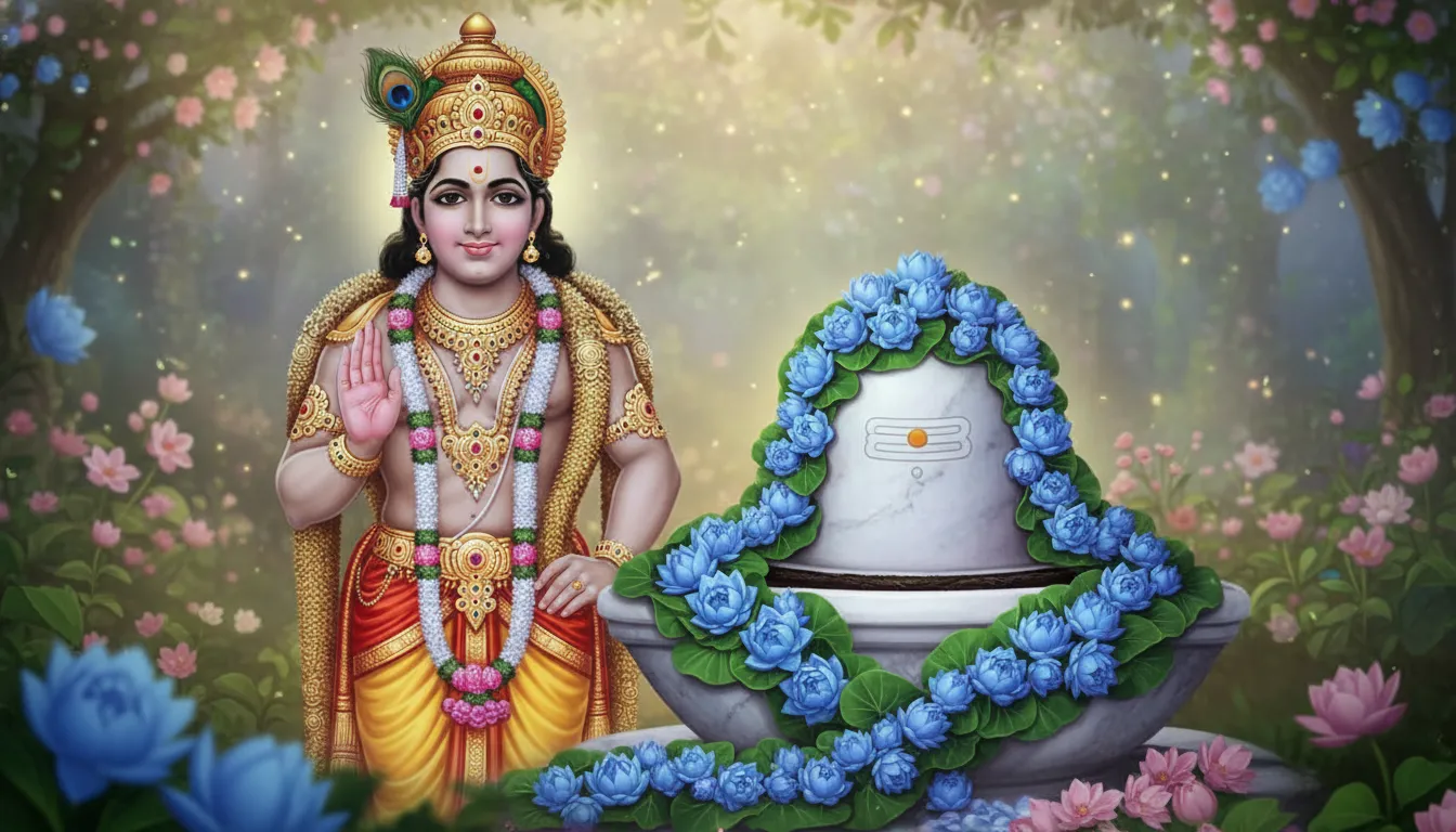 Full HD wallpaper of Lord Murugan giving blessings with his hand gesture next to a beautifully decorated Shivling.
