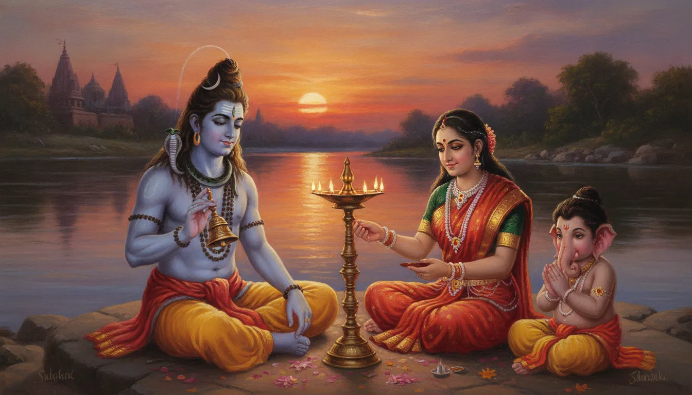 Shiva Parvati family participating in a holy evening prayer ritual