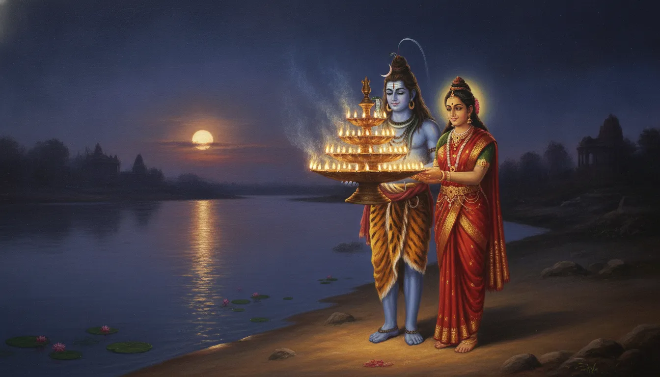 Shiva and Parvati holding a holy dynamic lamp during evening rituals near a river bank