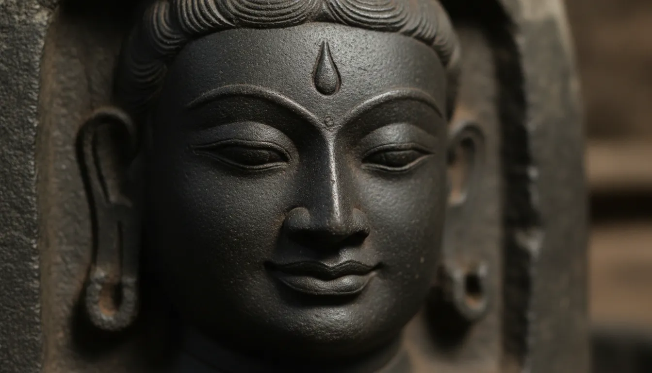 Macro close-up shot of one of the faces of Pashupatinath Shivling showing serene meditative eyes and features.