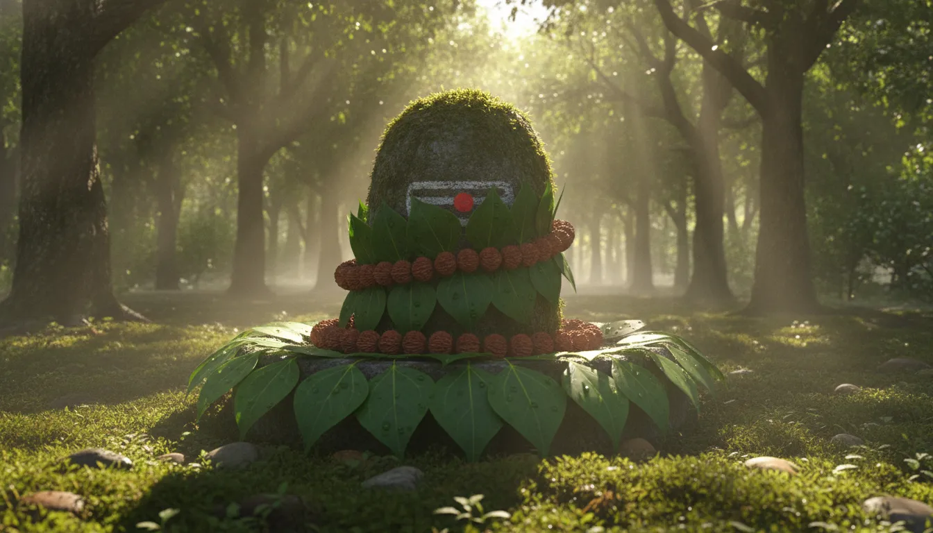 Natural forest setting with bhagwan shiv shivling images in 3d and rudraksha beads.