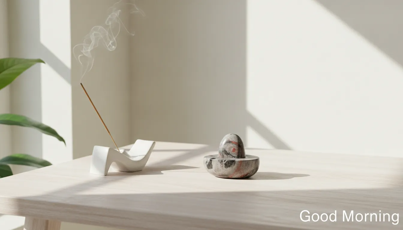 A minimalist and peaceful modern desk setting featuring a small Narmada Shivling, perfect as a serene good morning image with narmada shivling.