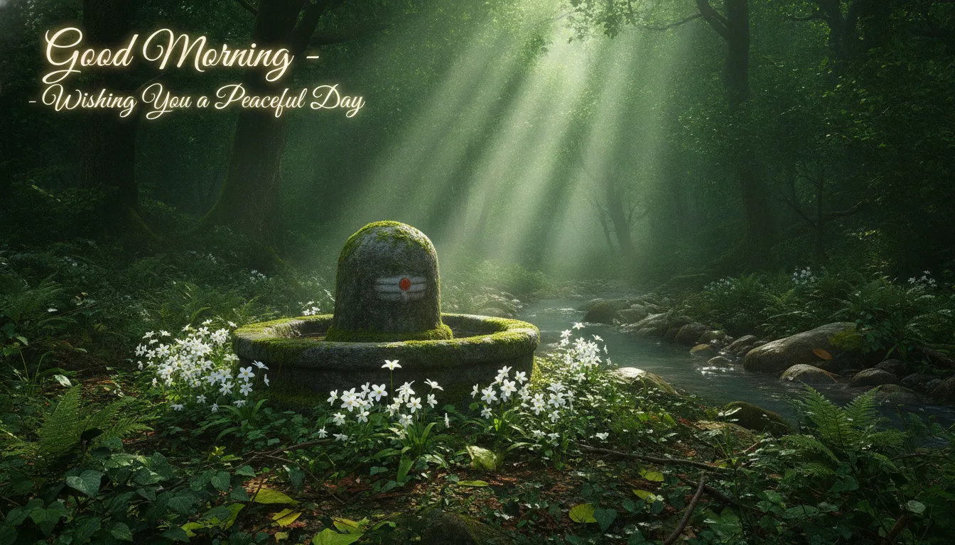 A hidden ancient Shivling inside a lush green forest with sunbeams cutting through the trees.