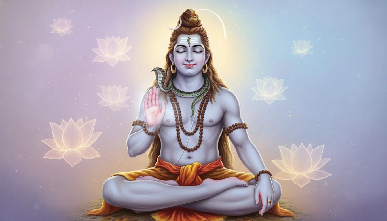 Lord Shiva sitting peacefully and showing the blessing hand gesture mudra with a calm smiling face.