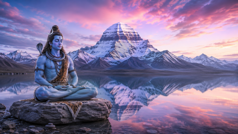 Lord Shiva in meditative posture on the rocky shores of the calm and sacred Mansarovar Lake.