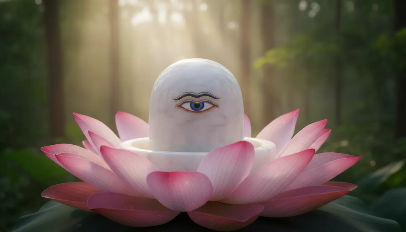 Serene open eye images of shivling resting on a pink lotus flower.
