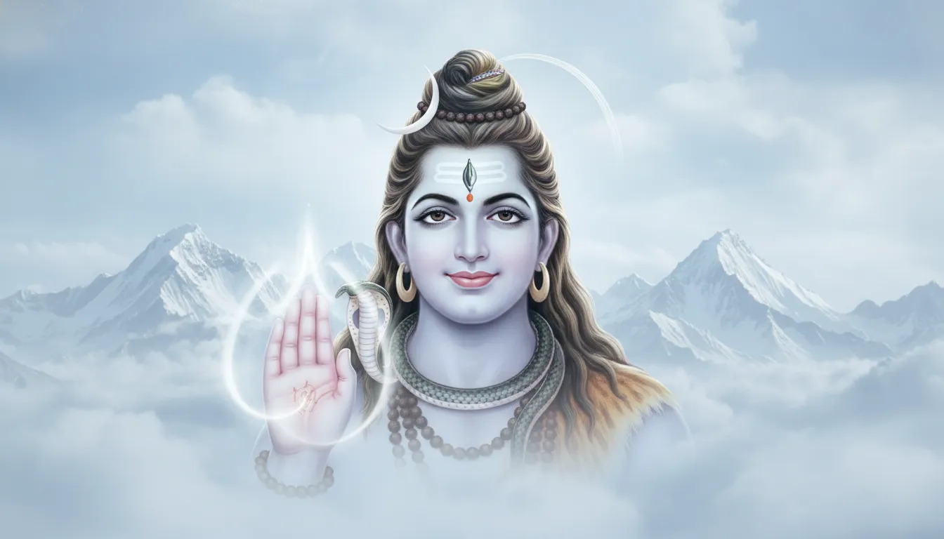 Mahadev full screen photo in blessing posture with a serene smile and soft divine light shining from above.