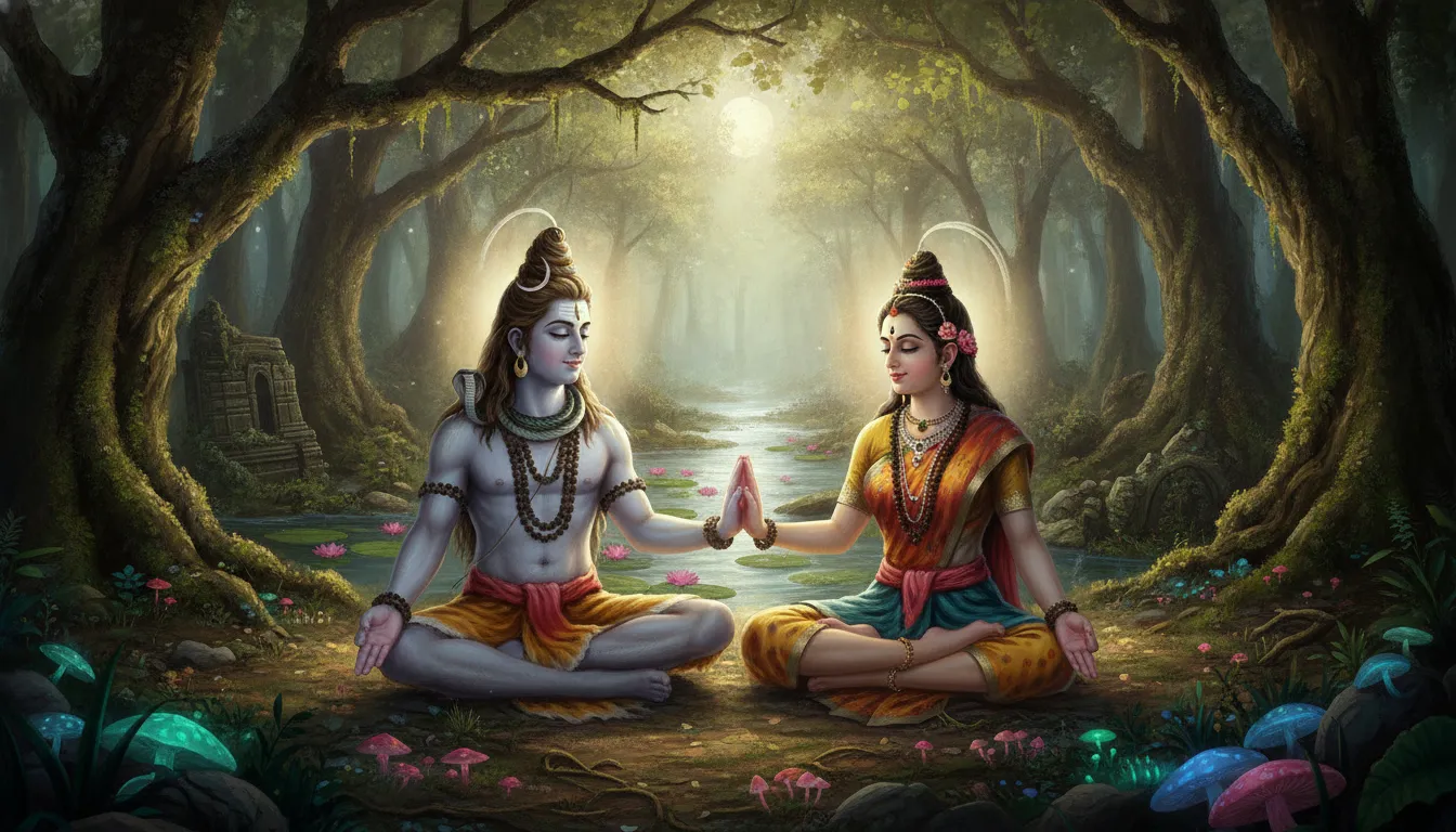 Shiva and Parvati meditating together face to face in a serene forest clearing