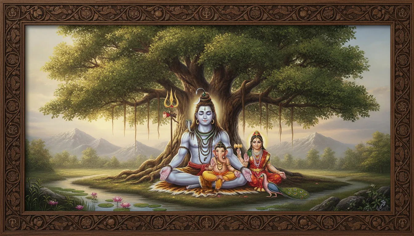 Peaceful illustration of Shiva family in deep meditation with soft ambient forest lighting