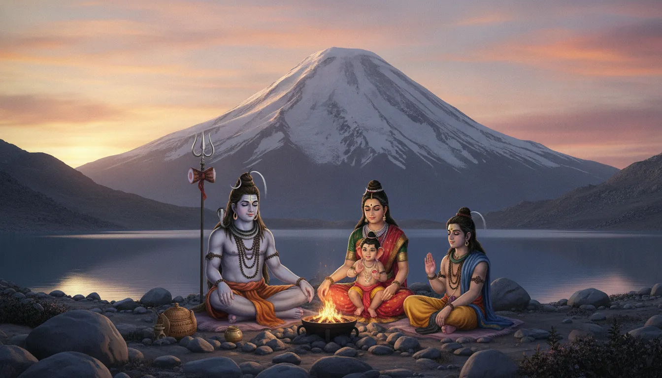 Shiva family sitting near a holy campfire on Mount Kailash during a beautiful orange sunset.