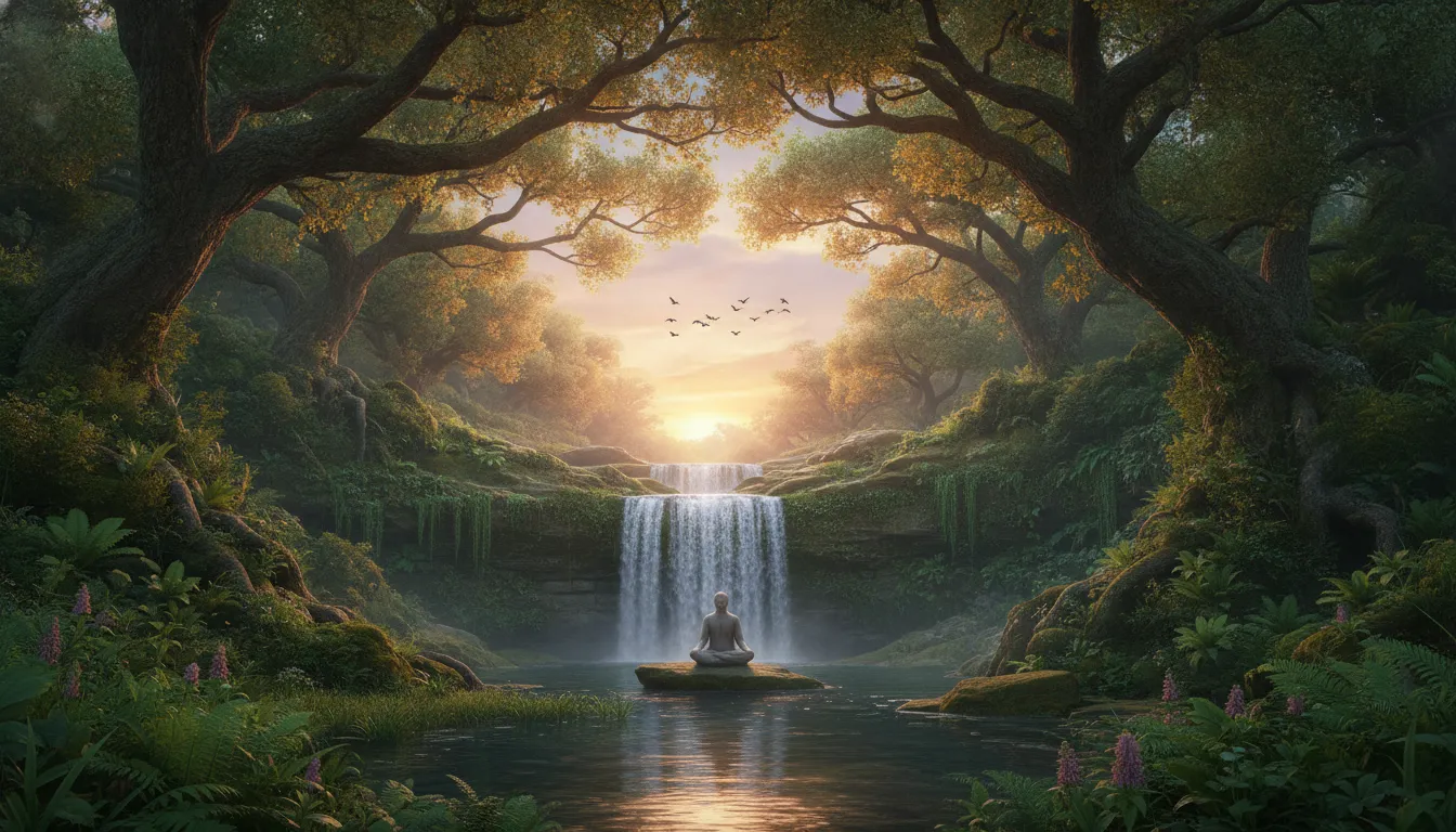 A calm nature landscape showing a divine figure meditating next to a waterfall at dusk.