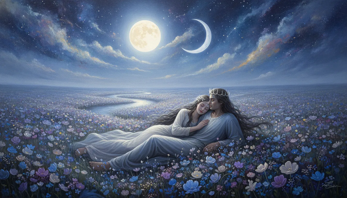 Shiva and Parvati resting together in a moonlit field with flowers and trees