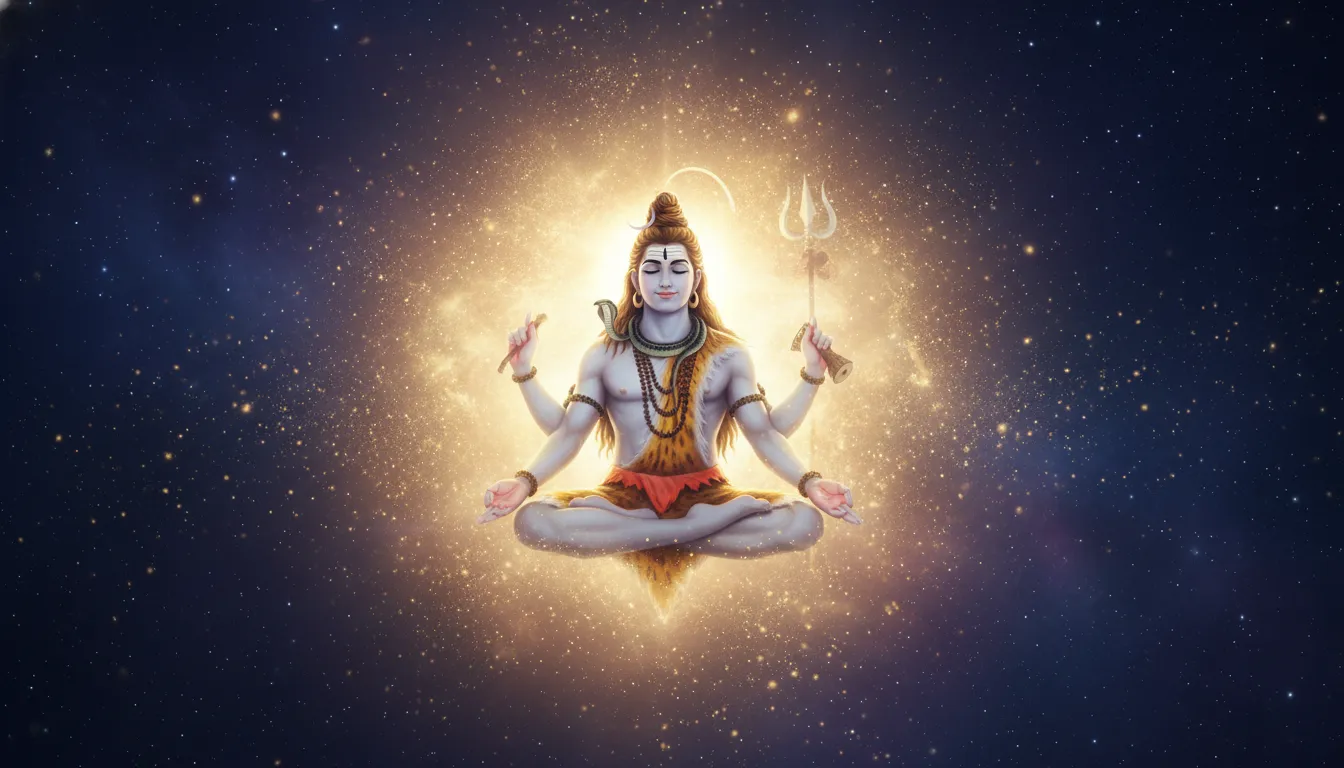 Lord Shiva concluding his cosmic dance in a serene pose surrounded by fading golden sparks.