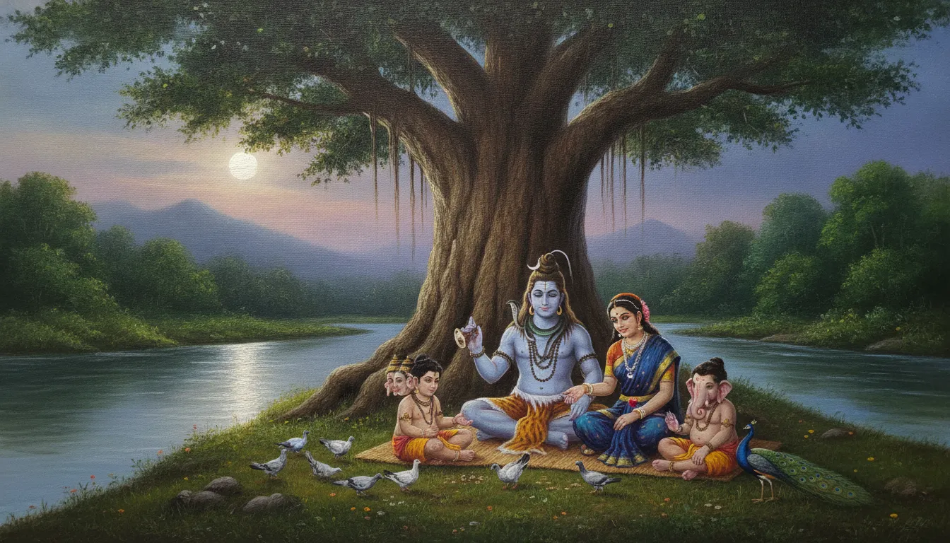 Lord Shiva family sitting by the banks of the river Ganga under a banyan tree