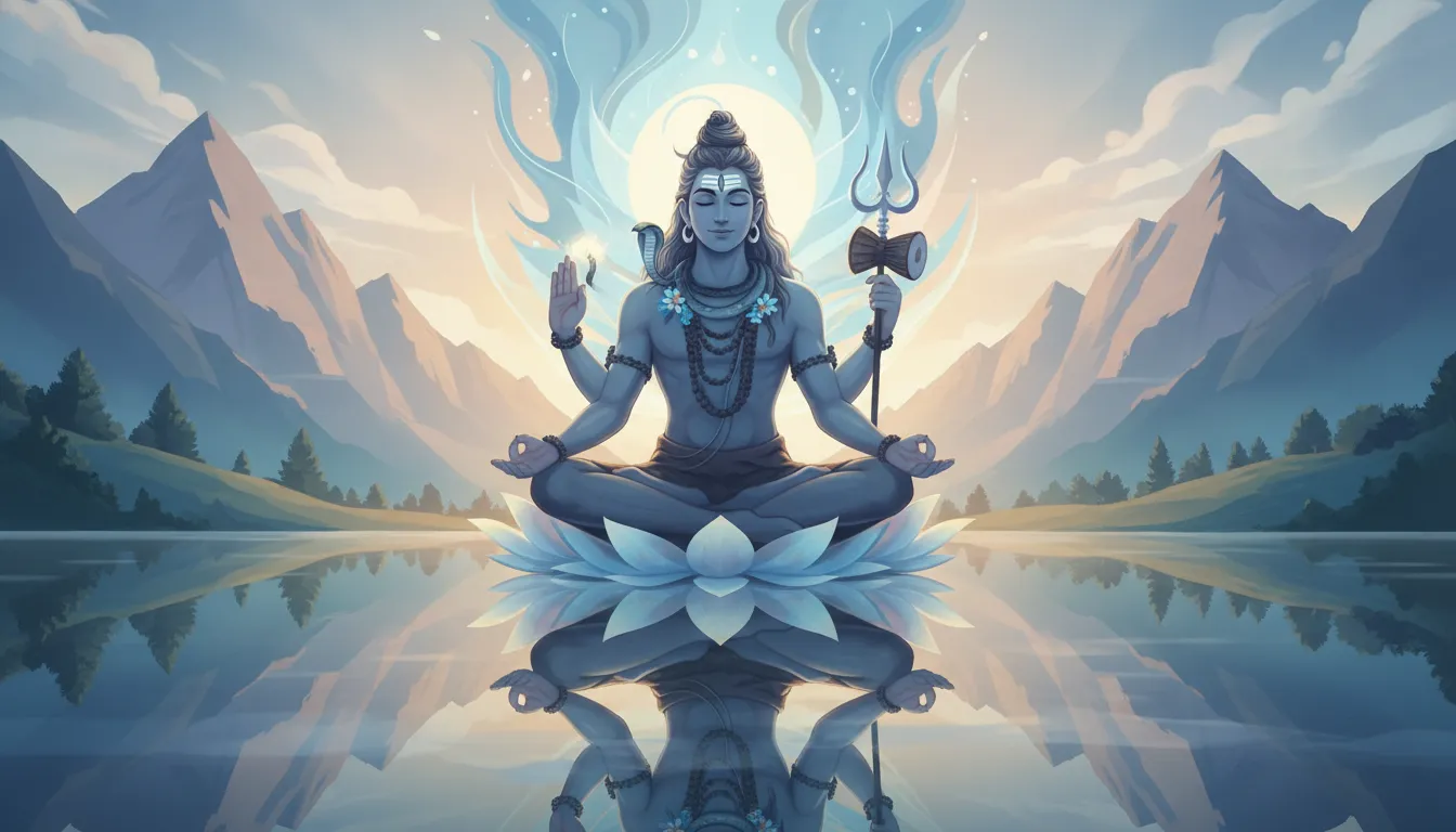 Minimalist art of Lord Shiva sitting in lotus pose by a calm river with mountains in the back.