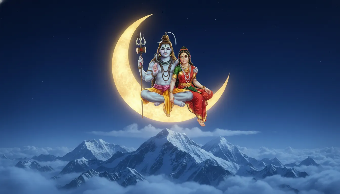 shiva parvati sitting on moon above snow peaks himalayas wallpaper