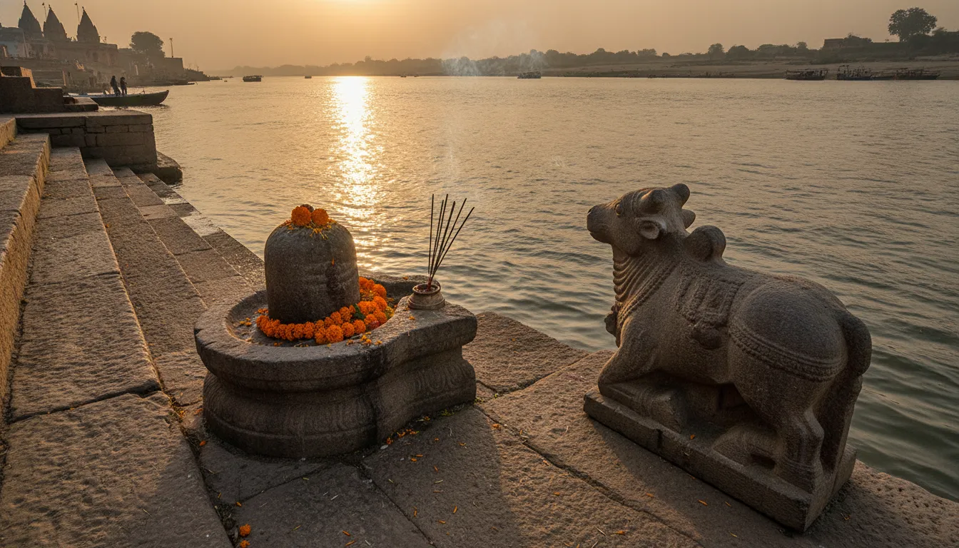 Full HD picture of a stone Shivling and Nandi bull on the banks of a holy river during sunrise.