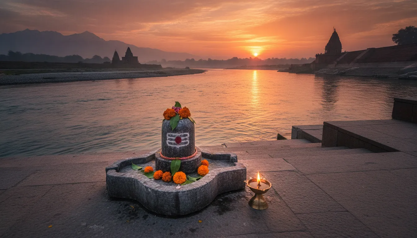 Full HD image of a stone Shivling on the banks of a river during a golden sunset.