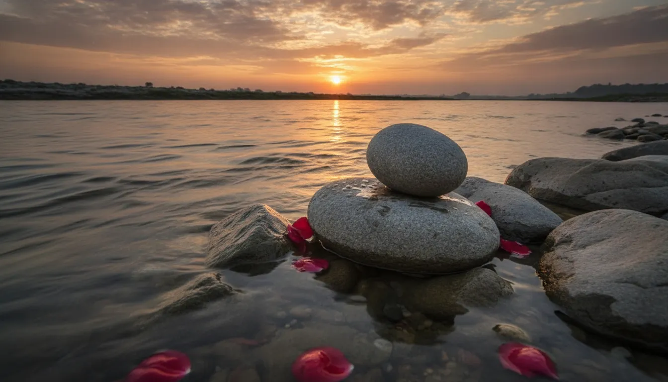 Spiritual stone Shivling on the banks of holy river Ganga during sunrise