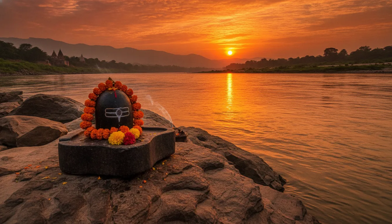 Sunset view of a nice shivling image in hd on the banks of a holy river.