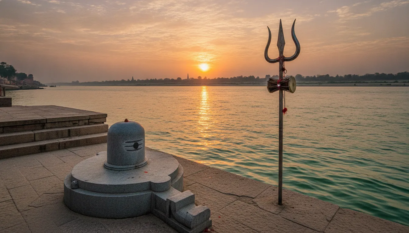 Full hd images of shivling placed on a stone ghat next to the flowing holy river Ganga during a golden sunset.