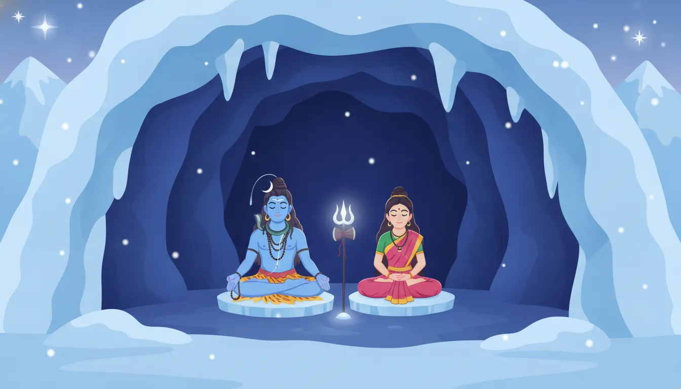 Cute cartoon graphics of Shiva and Parvati sitting in peaceful silence inside a dark blue ice cave.