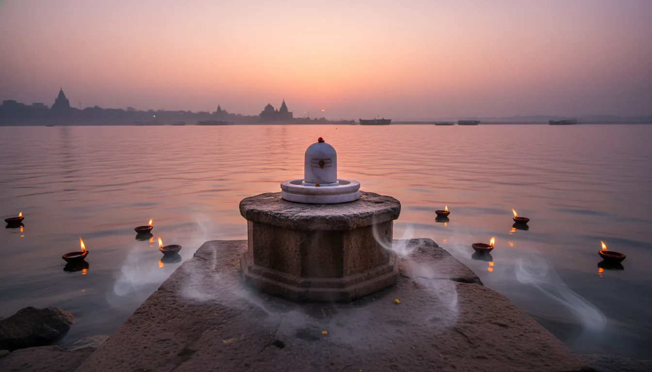A white marble Shivling placed serenely on the banks of the Ganges River at sunset.