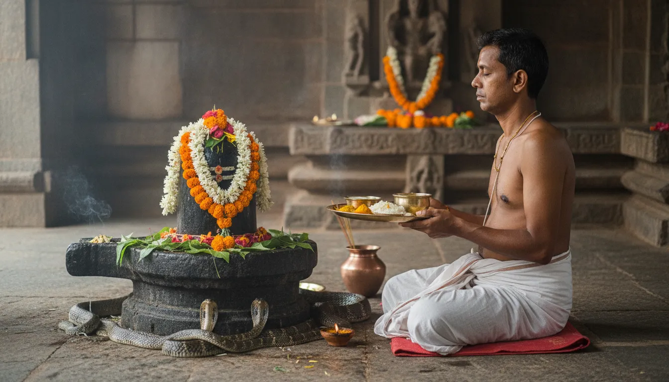 A candid photograph of a solitary devotee kneeling before a Shivalinga in a temple, surrounded by traditional offerings, including milk, flowers, and special preparations dedicated to the serpents during Nag Panchami.