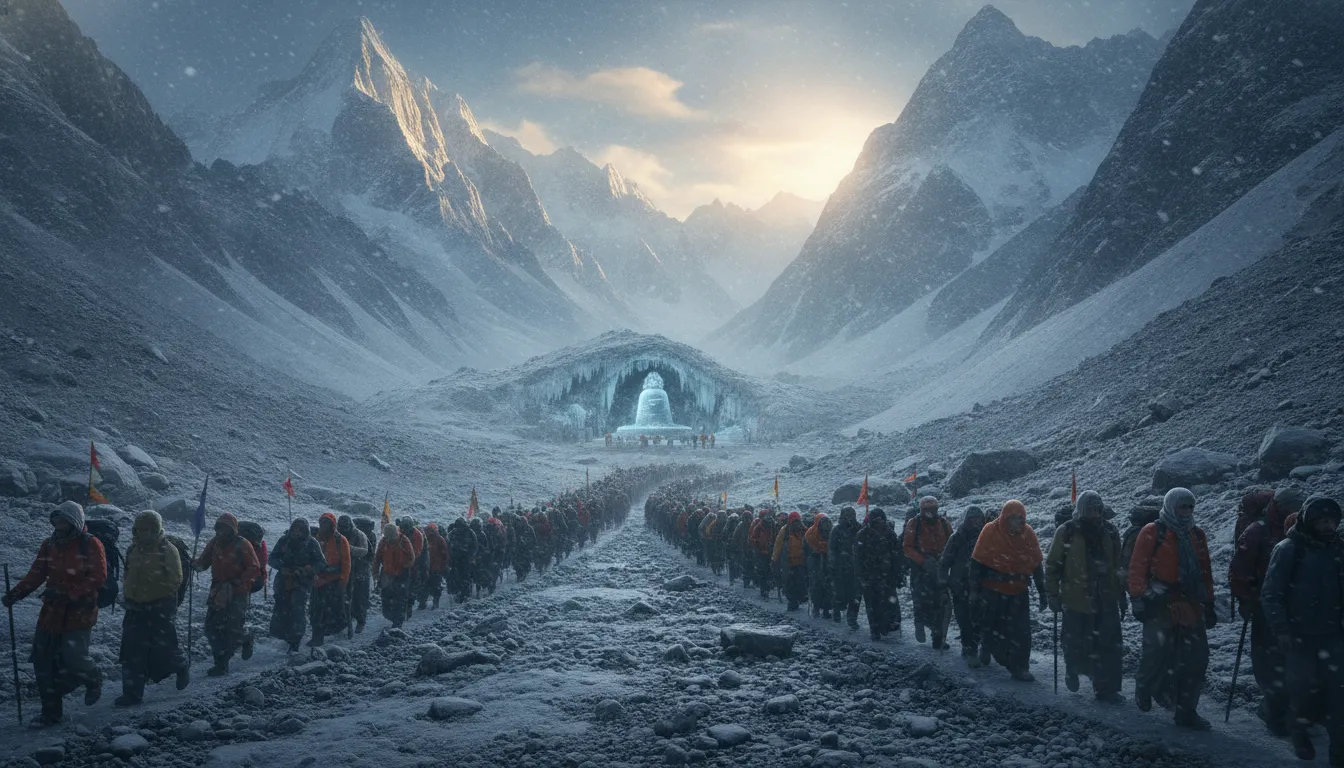 A long line of dedicated pilgrims trekking along a narrow mountain pathway surrounded by snow-capped peaks.