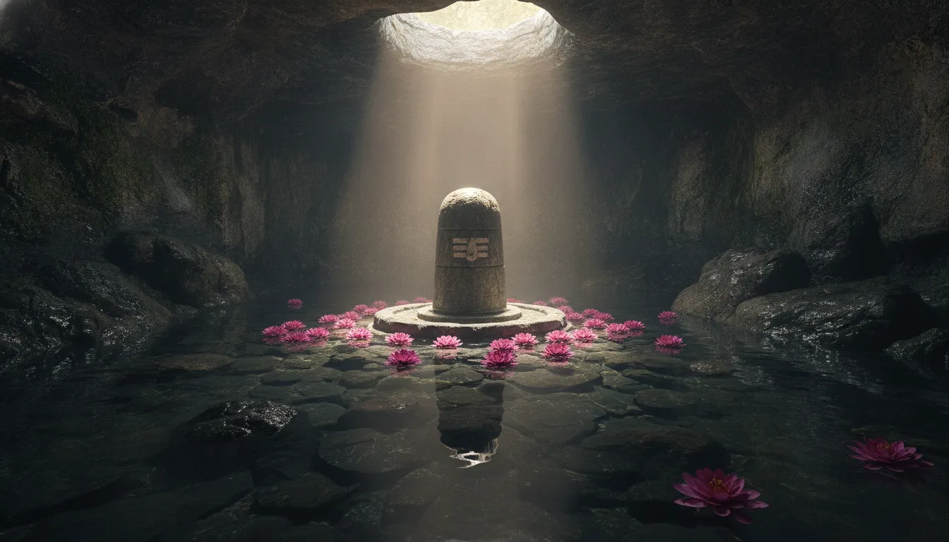 Beautiful pink lotus flowers floating in shallow cave water surrounding a Shiva Lingam.
