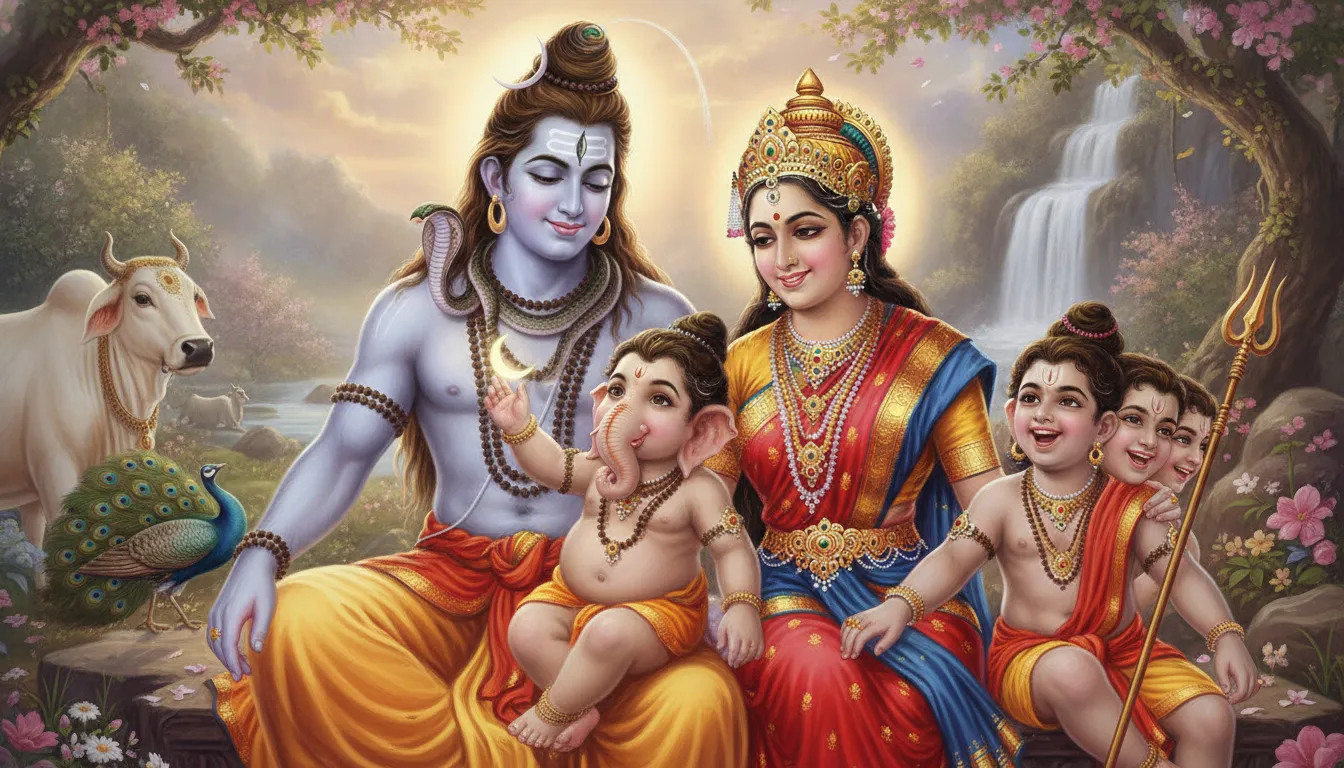 Joyful depiction of Shiva and Parvati laughing with young Ganesha and Kartikeya