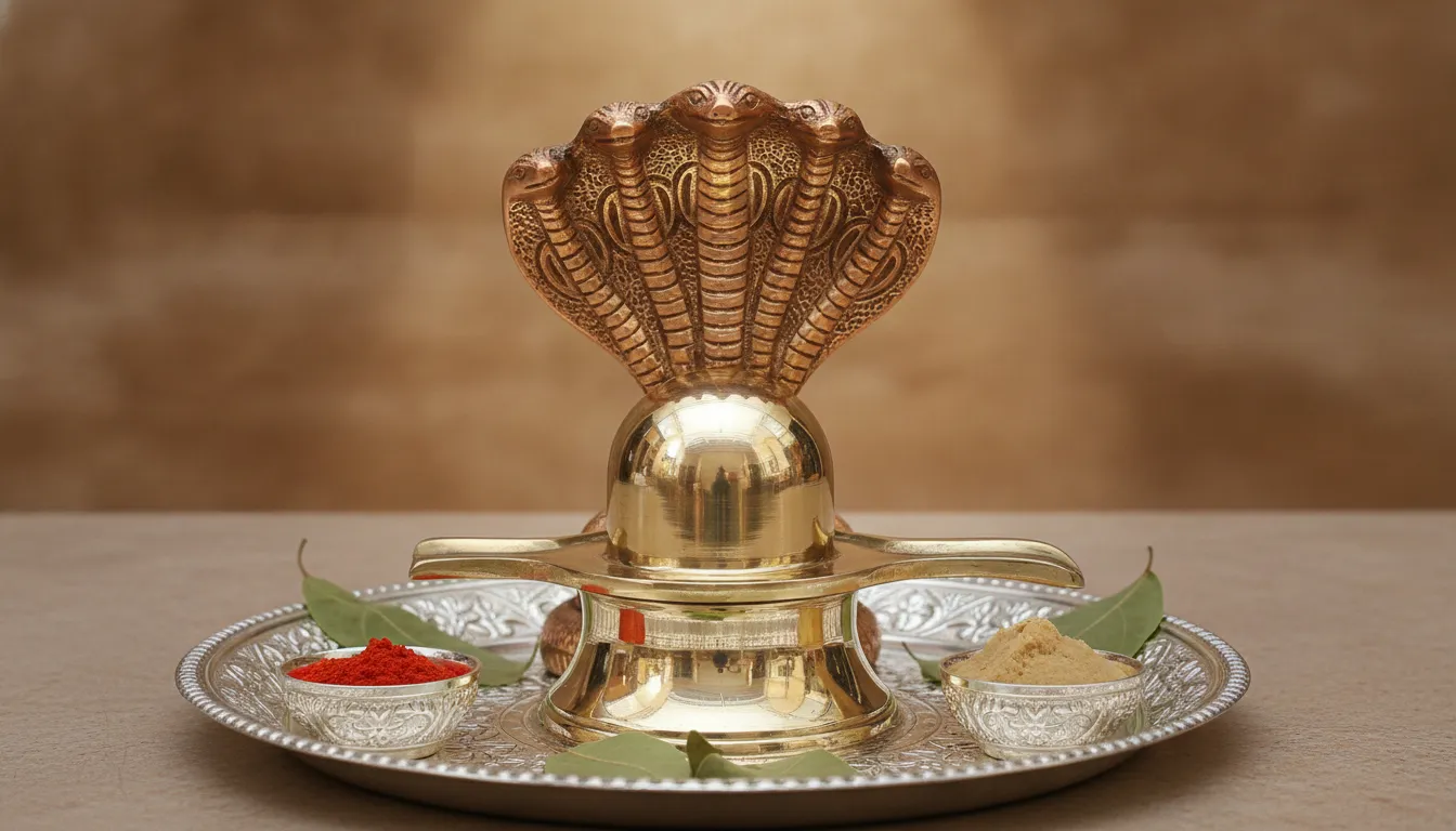 An ornate polished brass image of shivling hd protected by a brilliant five headed brass cobra hood.