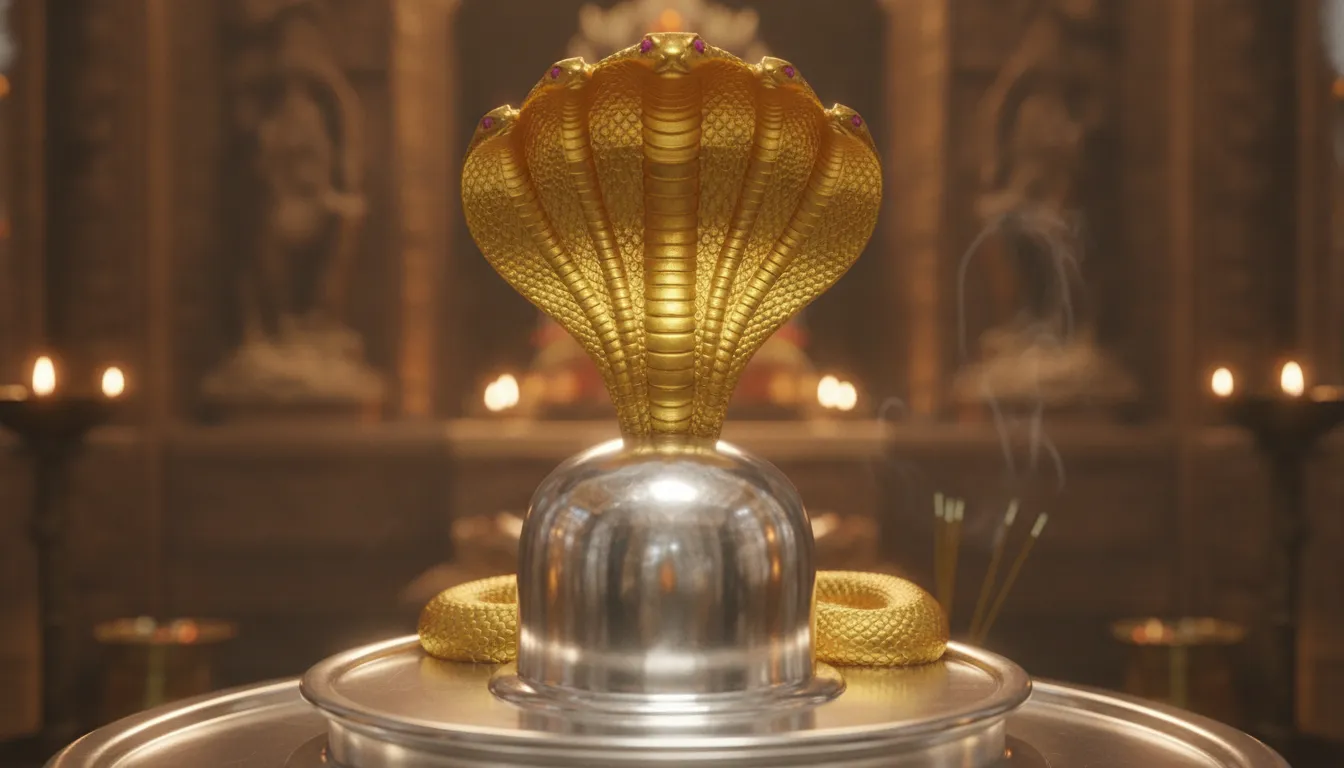 An amazing polished silver shivling sheltered beneath a detailed five-headed golden snake canopy.