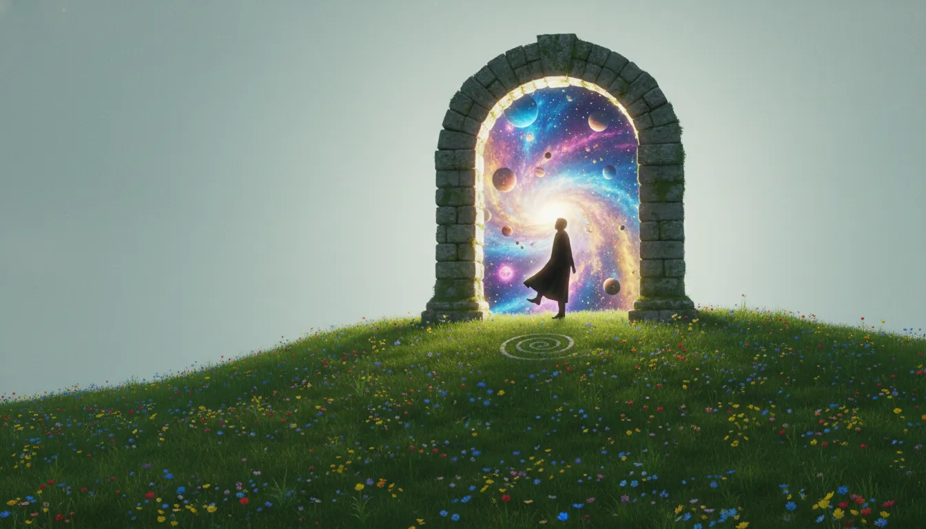 An open ancient stone doorway on a green hill leading into a bright cosmic universe