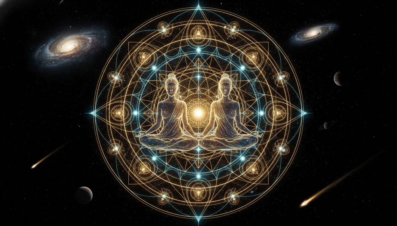 Meditating divine entities opening a glowing geometric portal in the dark starry sky