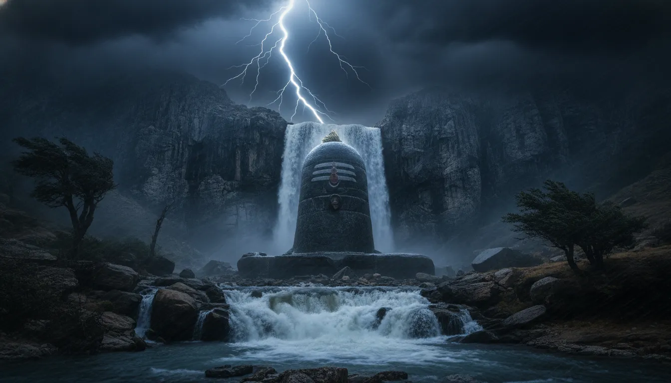 Dramatic cinematic dark HD images of bahubali shivling during storm