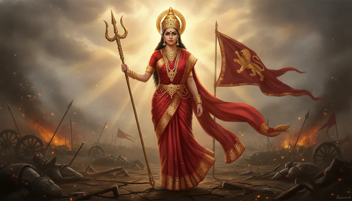 Full-length digital art of a powerful spiritual goddess with a golden crown on a battlefield.
