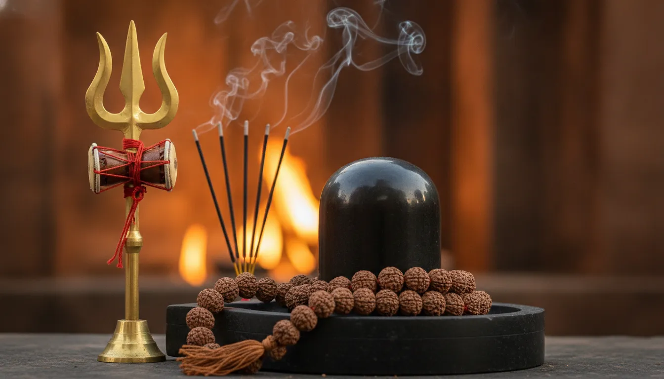Lord Shiva trishul and rudraksha beads with shivling image in hd